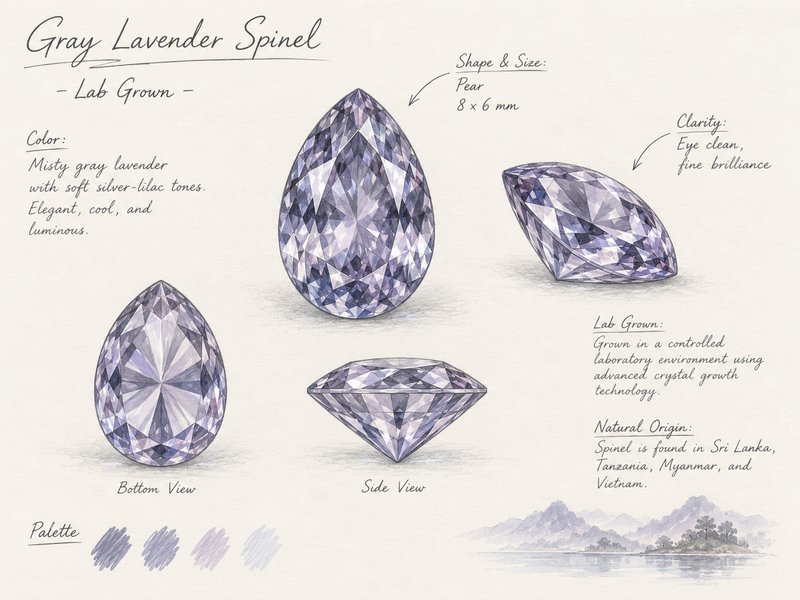 A lavender spinel — a soft violet-grey gemstone that shifts subtly in the light.