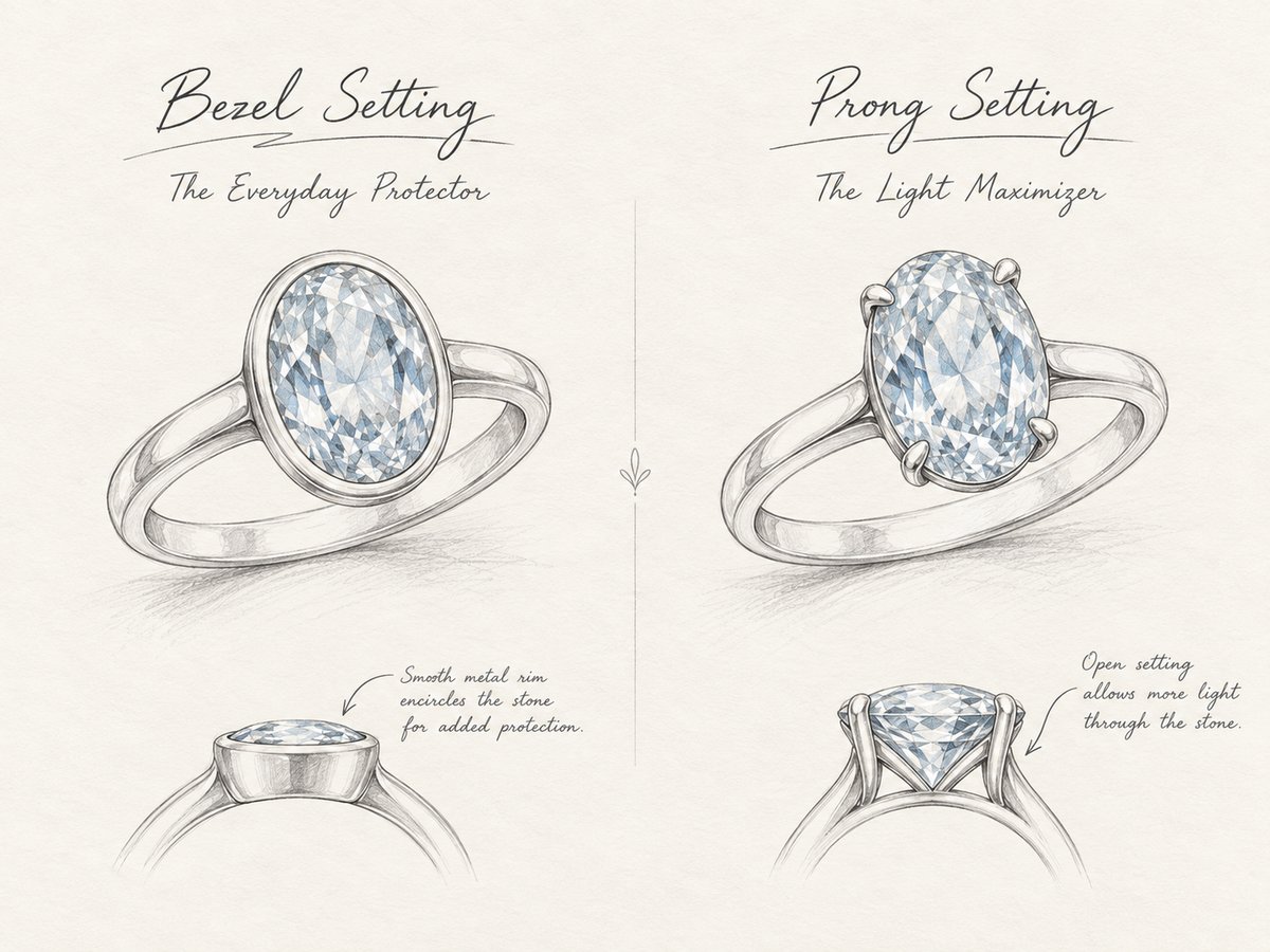 Side-by-side illustration of a bezel setting and a prong setting ring.